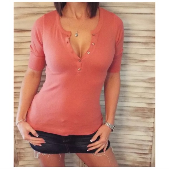 Waffle Henley Half Sleeve Peach 0060 - Picture 5 of 5